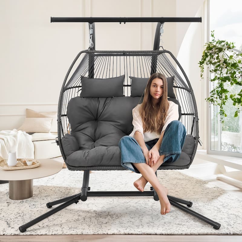 Double Hanging Egg Chair with Adjustable Canopy - Outdoor Swing Chair with Stand, Cushions & Pillows - Wicker Rattan Hammock.