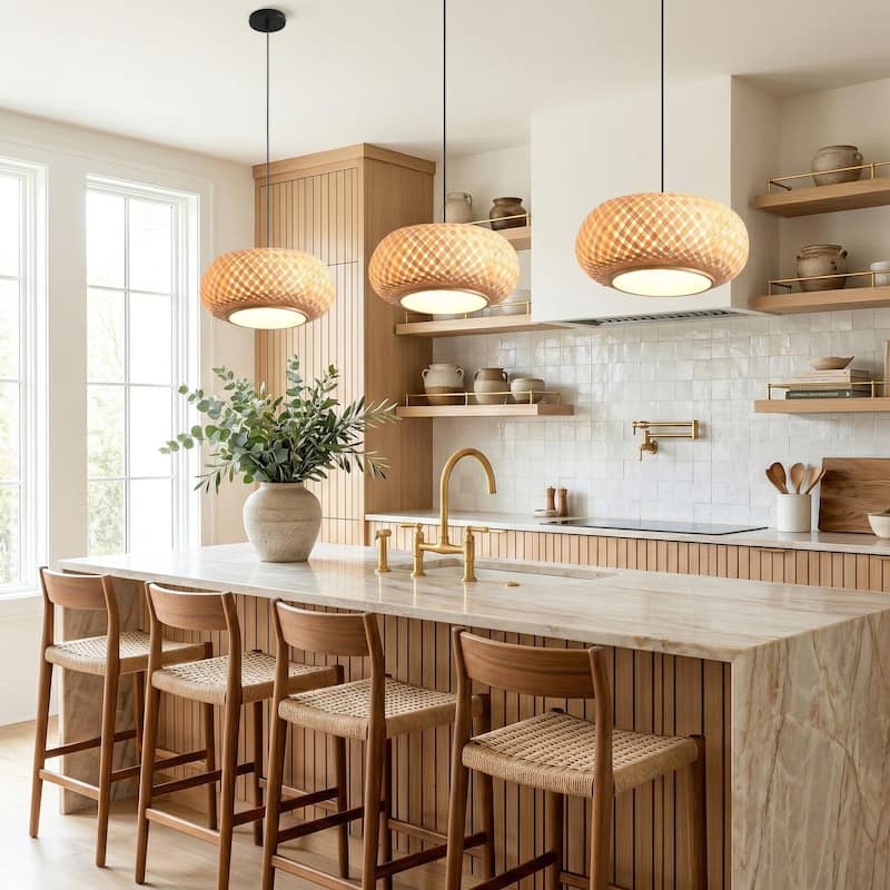 16" Natural Woven Bamboo Round Adjustable Pendant Light Chandelier