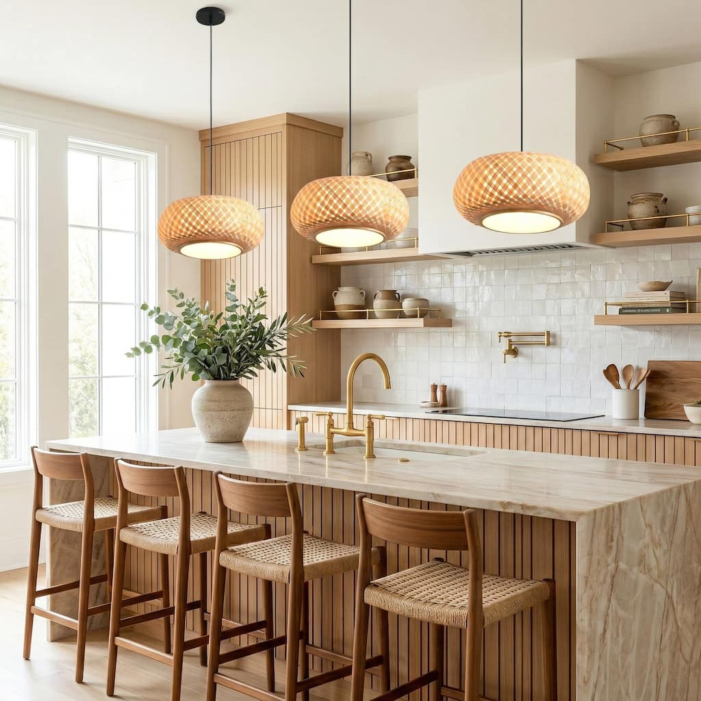 16" Natural Woven Bamboo Round Adjustable Pendant Light Chandelier