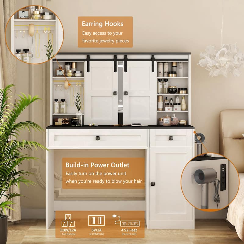 43" Wide Dressing Table with Lighted Mirror and Makeup Drawer, Large Modern Dressing Table Set with Hair Dryer Holder