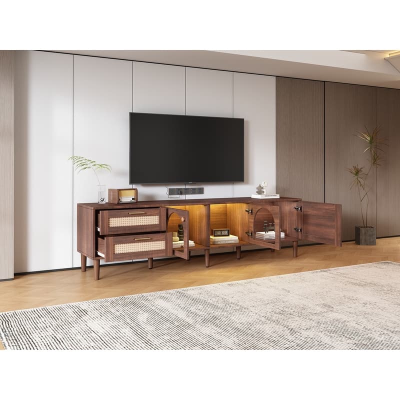 Rattan-Inspired 80'' Media Console with LED Lights & Ample Storage