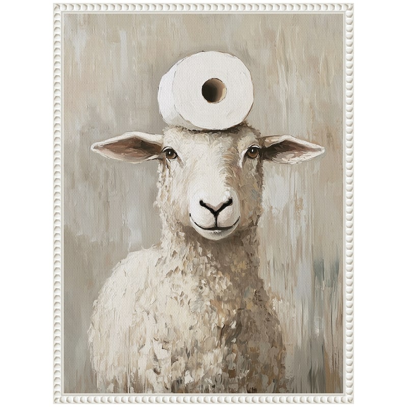 Kate and Laurel Sylvie Toilet Paper Roll on Cute Sheeps Head Bathroom Art Framed Canvas by The Creative Bunch Studio