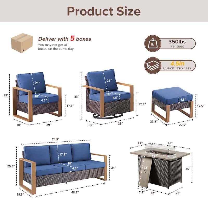 Meyreso Wicker Outdoor Patio Fire Pit Set with Swivel Gliders and Olefin Cushions