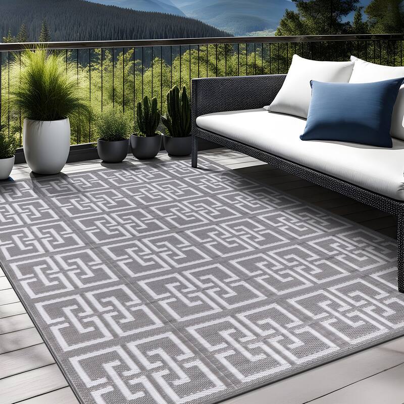 Beverly Rug Geometric Greek Key Outdoor Rug Waterproof for Patio, RV Camping