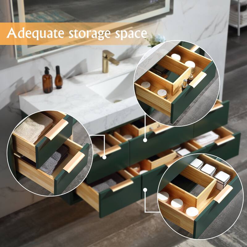 36/48/60 Modern LED Floating Bathroom Vanity with Single/Double Sink & Soft-Close Drawers & Waterproof, Green