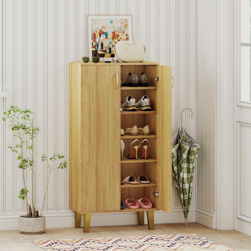 Oak MDF Wooden Shoe Cabinet with Double Doors, Shelves and Storage - 24" x 13" x 48"