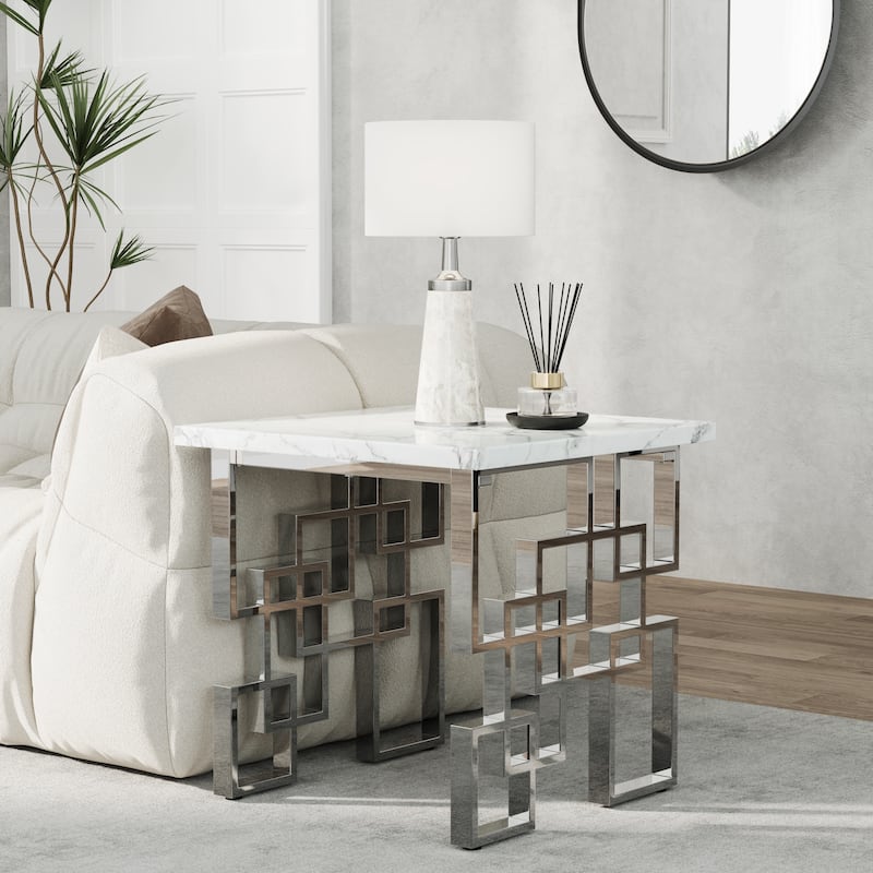 Modern End Table 23 inch Square Living Room Side Table with High Gloss Top and Mirrored Metal Geometric Base - Silver