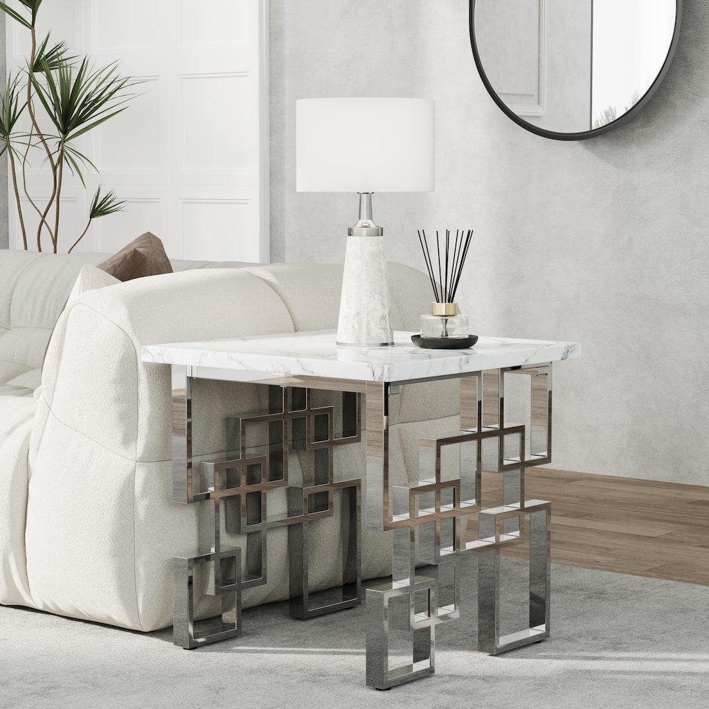 Modern End Table 23 inch Square Living Room Side Table with High Gloss Top and Mirrored Metal Geometric Base