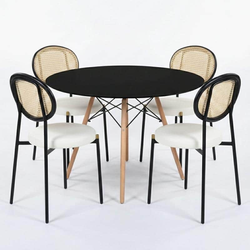 Leisuremod 5-Piece Dining Set with 1 Modern Solid Wood Top Round Dining Table and 4 Velvet/Leather Upholstered Chairs - Beige
