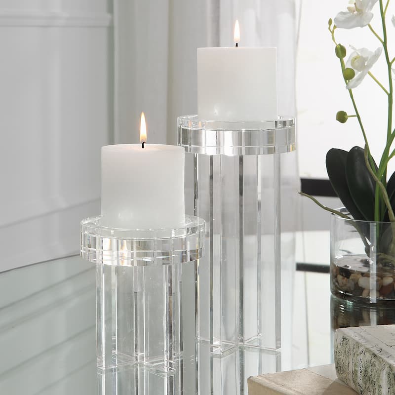 Uttermost Crystal Pillar Candleholders, Set/2 - 4.375"x4.375"x8.5"