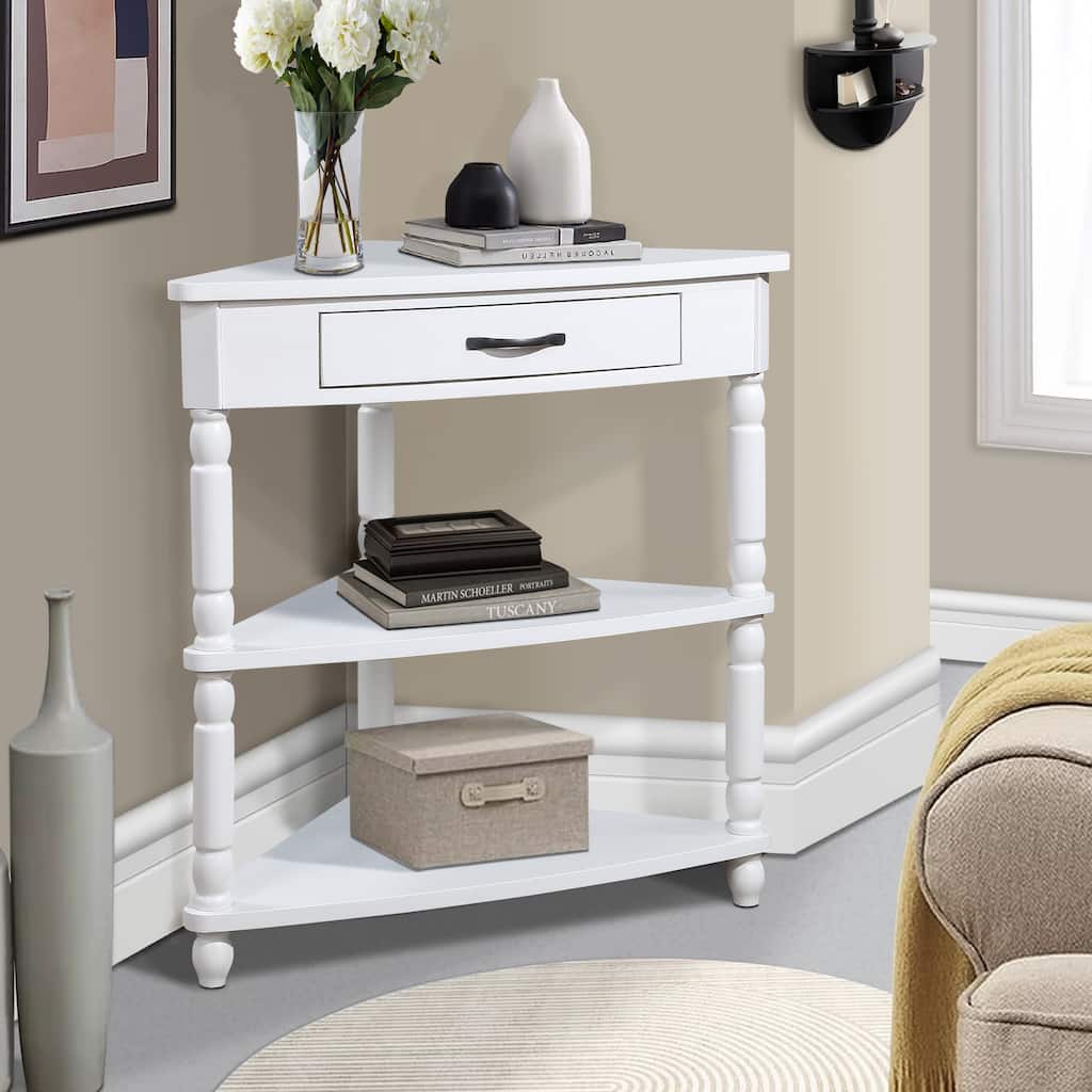 3 Tier Rack Corner Table Small Side Table Sorage End Corner Table with Drawer, Safe Rounded Corner Design and Solid Wood Legs