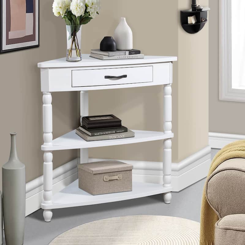 Wood Triangle Corner Side Table for Small Spaces Living Room - White