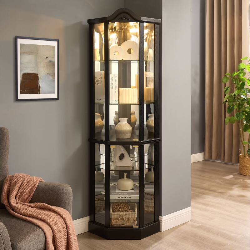 Lighted Corner Curio Cabinet, Glass Display Cabinet with Adjustable Shelves, Accent Cabinet with Curved Top Carving - Black