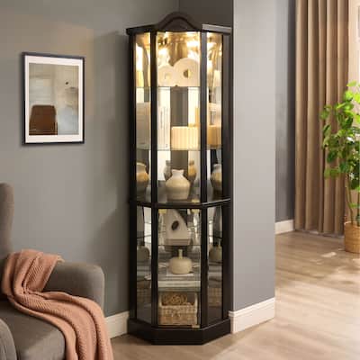 Lighted Corner Curio Cabinet, Glass Display Cabinet with Adjustable Shelves, Accent Cabinet with Curved Top Carving