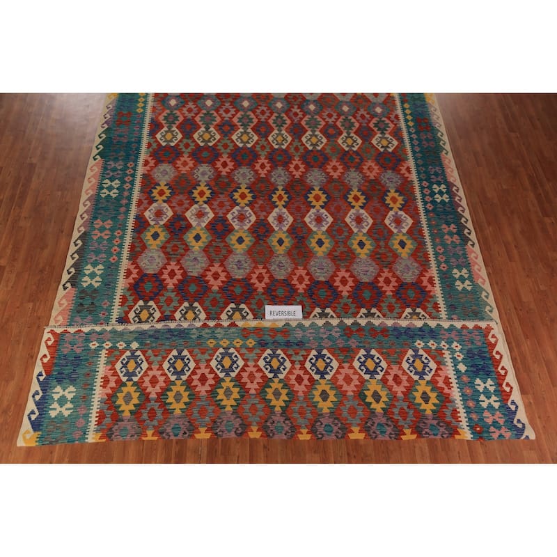 Geometric Kilim Oriental Large Rug Hand-Woven Wool Carpet - 10'3"x 16'6"