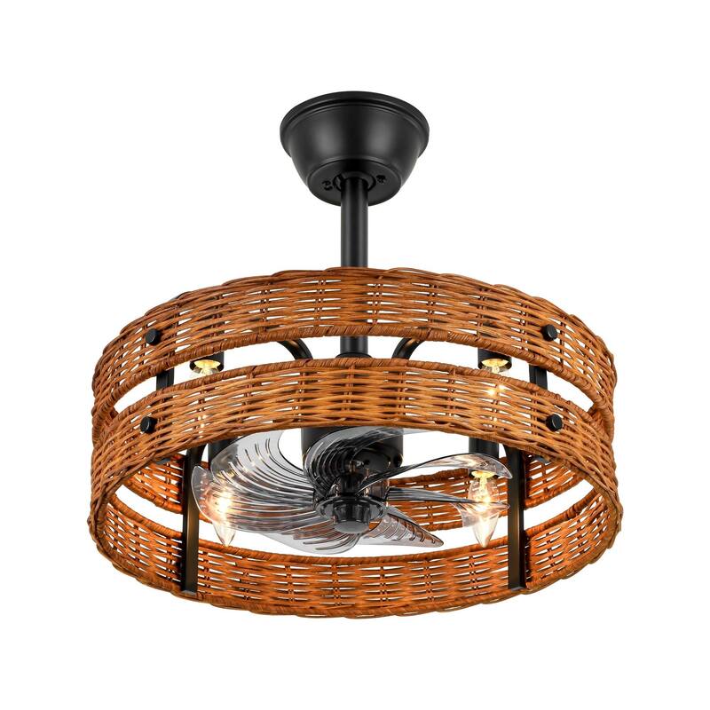 4-Light Farmhouse Brown and Black Woven Rattan Drum Ceiling Fan Lighting with Remote Control - 19.3 in. W x 6.9 in. H