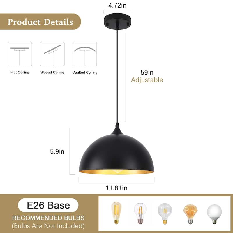 1-Light 11.81"W Metal Dome Pendant Ceiling Lights for Kitchen Island