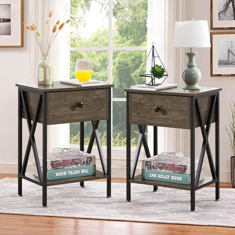 Modern 1-Drawert Nightstands X-Design with Storage Shelf, Set of 2 Nightstands - Grey