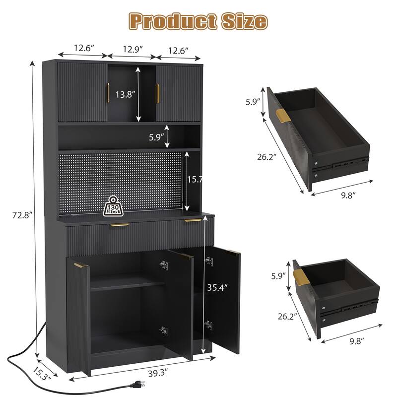 Gymojoy 71" Kitchen Pantry Cabinet with Power Outlets & Pegboard, Freestanding Food Storage Hutch with Microwave Stand