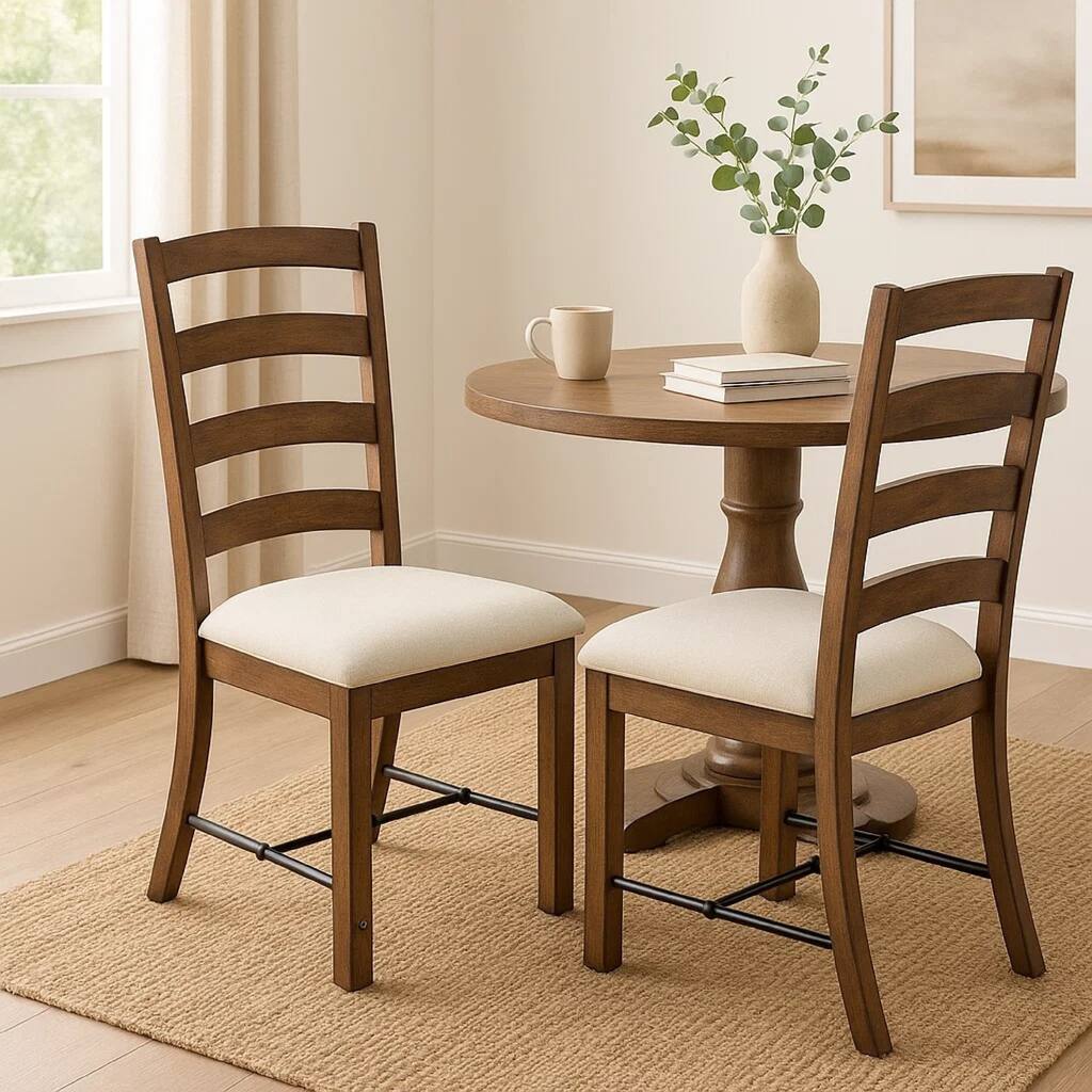 Yael Ladderback Dining Chair Set of 2, White Seat, Brown Solid Mahogany