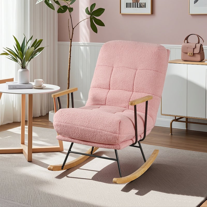 Nursery Rocking Chair Upholstered Modern Rocking chair with Wingback & Armrest Tall Back Accent Glider Rocker Chairs - Pink
