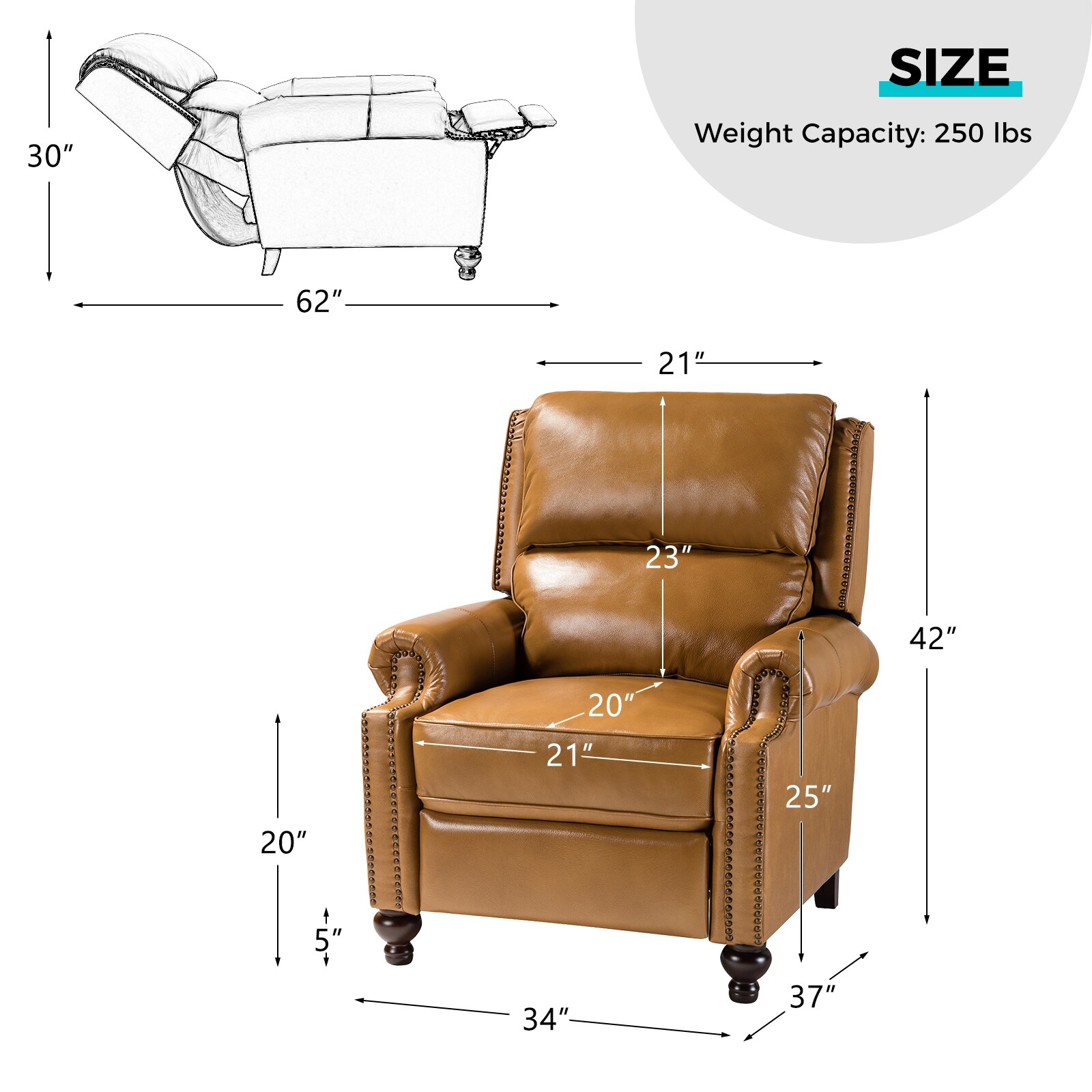 TINA'S HOME Genuine Leather Recliner Chair, Mid-Century Modern Push Back  Recliner Chair with Wood Feet & Armrest, Headrest & Lumbar Support, Manual