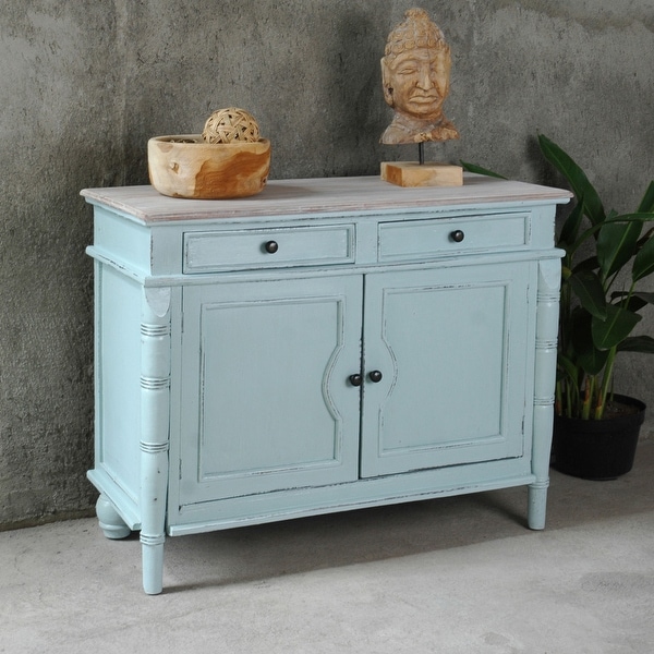 Shabby Chic Cottage Sky Blue and Lime Wash Accent Cabinet with 2