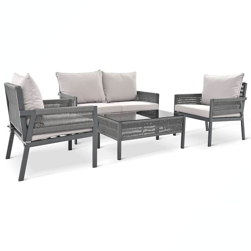4PCS Rope Patio Sofa Set with Thick Cushion