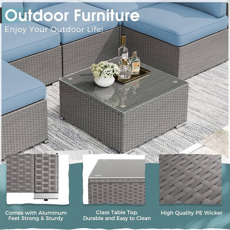 7 Piece Outdoor Patio Furniture Set Grey/Black Wicker Conversation Sectional Sofa Set with Coffee Table and Cushions