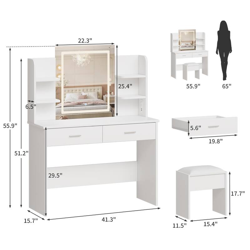 Vanity Desk with Lighted Mirror, Makeup Vanity Set with Power Outlet