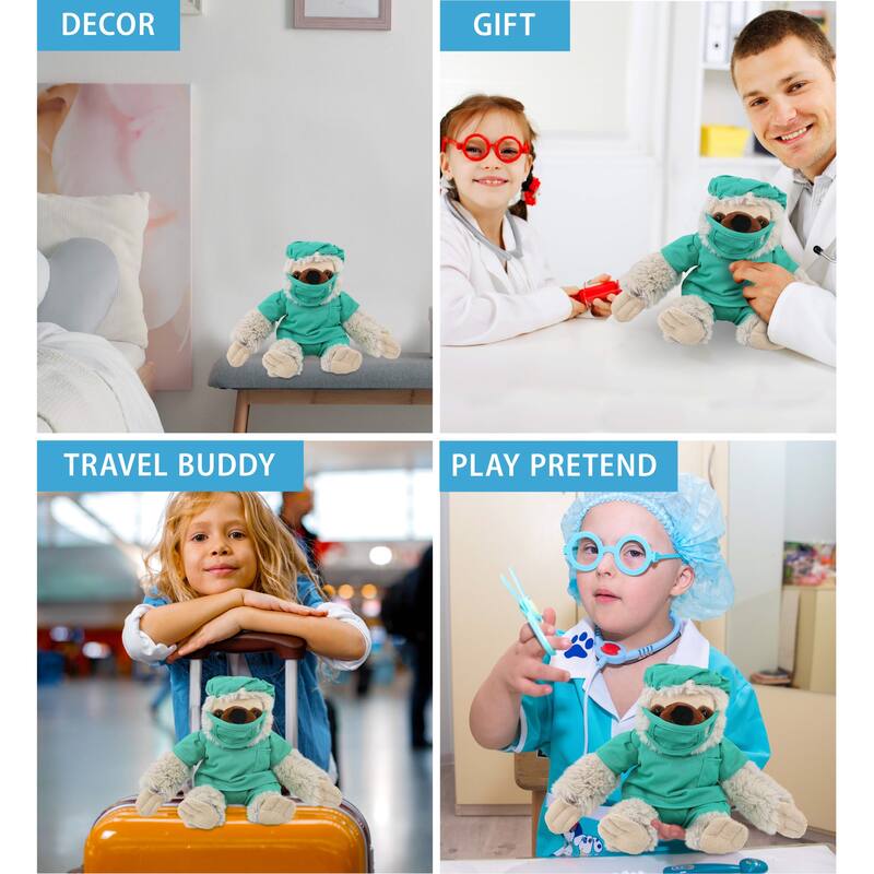 DolliBu Sloth Doctor Plush Toy with Cute Scrub Uniform and Cap Outfit - 7.5 inches