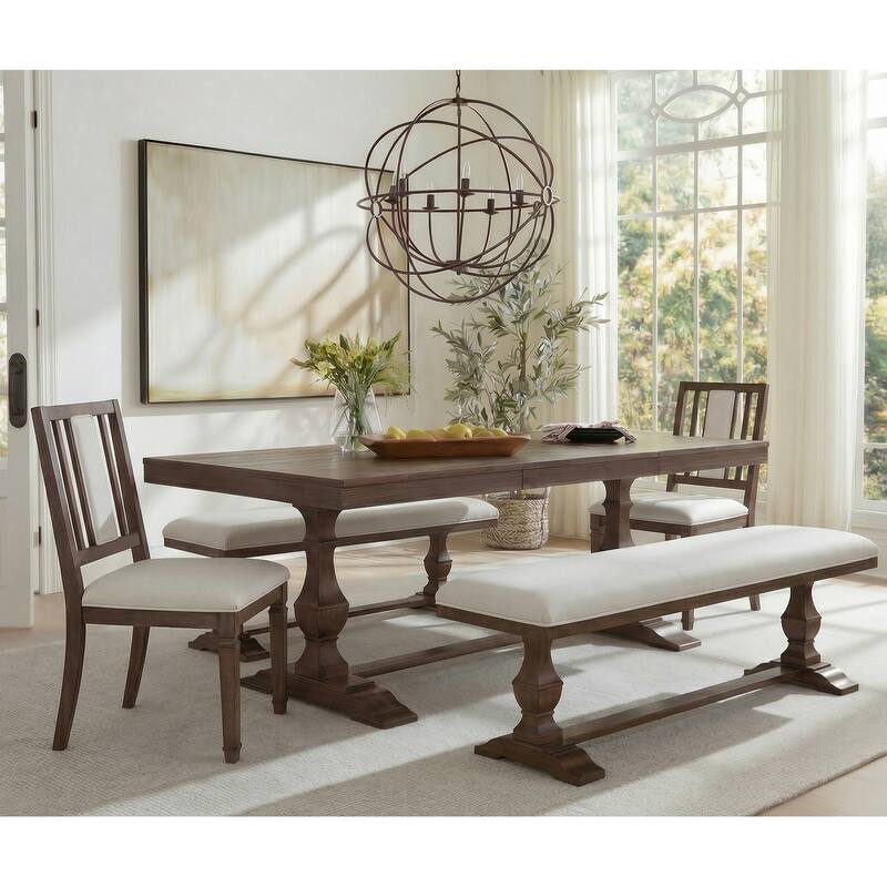 5-pieces Farmhouse Dining Table for 6, 74.8" Kitchen Table Set with 2 Benches and 2 Chairs, Solid Wood Legs and Cushion Seat