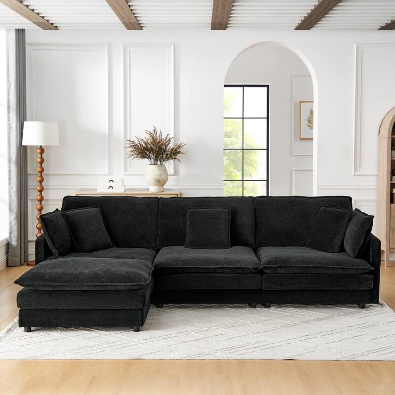 Roomfitters Modular L-Shaped Sectional Sofa with Ottoman, Plush Towel Fabric 4-Seater - Black