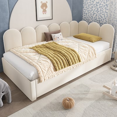 Roomfitters Velvet Upholstered Twin Daybed with Pull Out Trundle, Sofa Bed with Metal Slat Frame