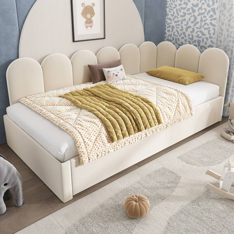 Twin Size Velvet Upholstered Daybed with Pull-Out Trundle, Metal Frame, Beige