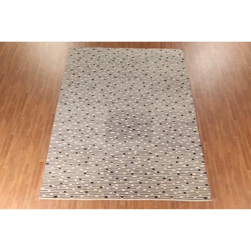 Striped Beige Nepalese Indian Area Rug Hand-Knotted Wool Carpet - 9'0" x 11'8"
