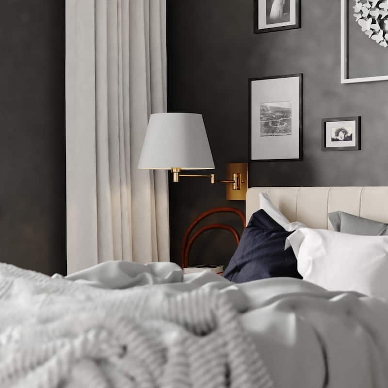 Chapeau Plug-In Brass Cone Motion Sensor Swing Arm Wall Lamp White Linen Shade - 12-in W x 13-in H x 22.25-in D