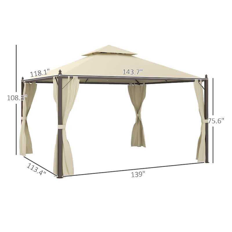 10' x 12' Steel Outdoor Patio Gazebo with Polyester Privacy Curtains, Two-Tier Roof for Air, Large Design