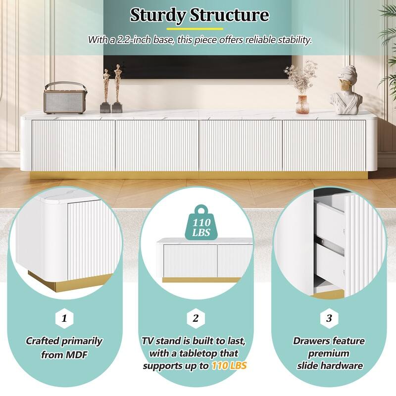 Luxury Fluted TV Stand for 85" TVs - Faux Marble Console with Gold Base & Curved Design