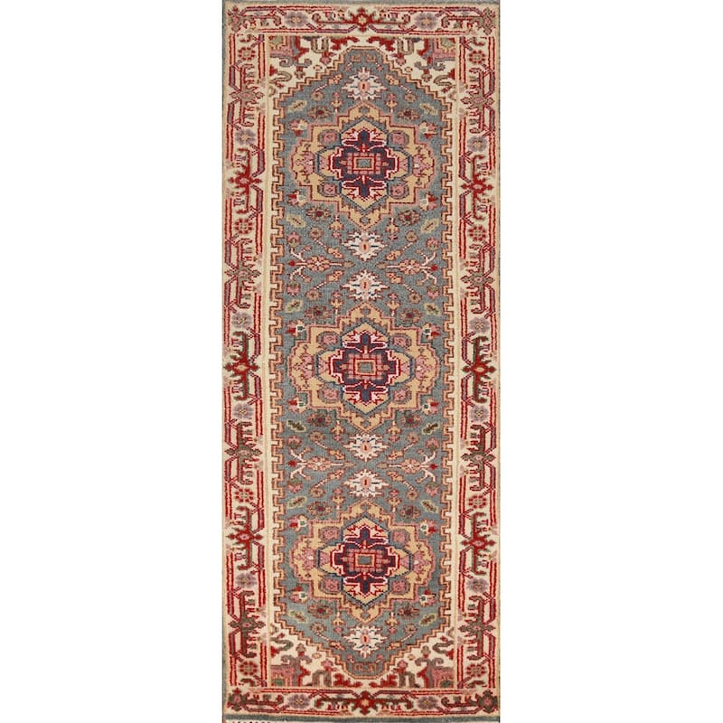 Hand Knotted Oriental 100% Wool Carpet Traditional Geometric Greys & Charcoal Heriz (serapi) Runner Rug - 8' 2'' X 2' 6''