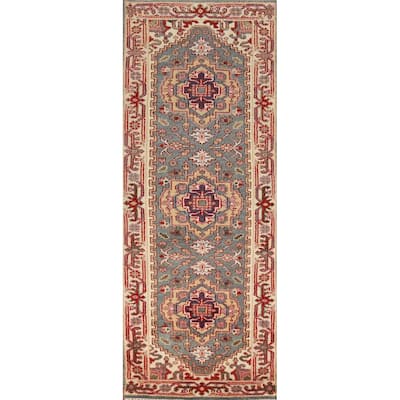 Hand Knotted Oriental 100% Wool Carpet Traditional Geometric Greys & Charcoal Heriz (serapi) Runner Rug - 8' 2'' X 2' 6''