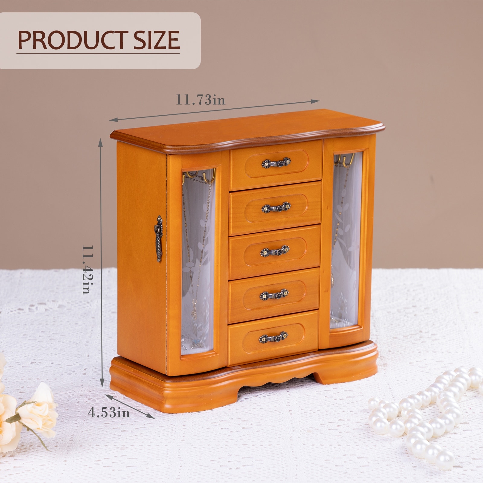 Stufurhome Solid Wooden Jewelry Box with 5-Drawers Built-in