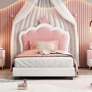 Twin Size Upholstered Princess Bed with Crown Headboard, Platform Bed with Headboard and Footboard, White+Pink