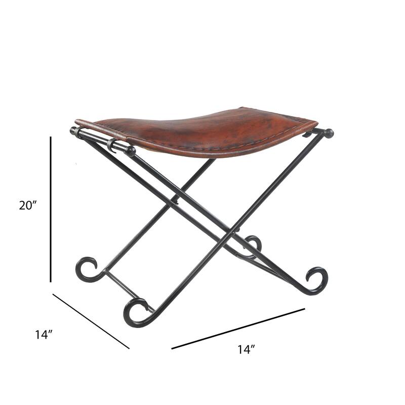 Sevita Theo Artisan Handmade Leather and Iron Accent Stool, 21" L x 17.5" W x 18" H