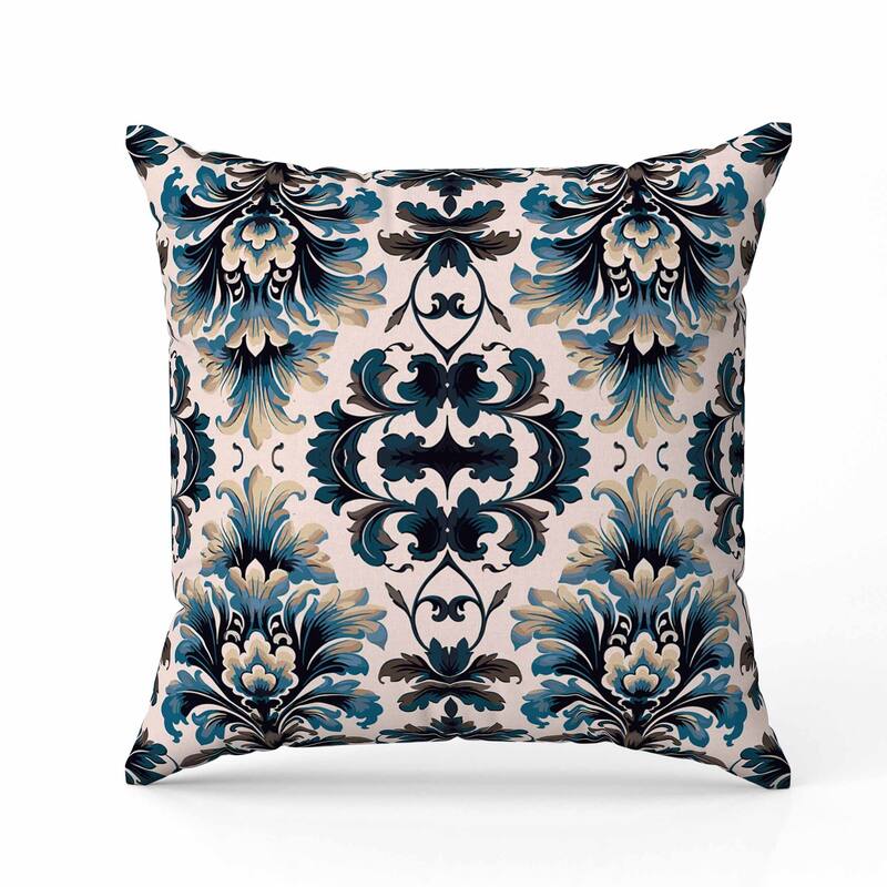 Damask Rapture Indoor/Outdoor Reversible Throw Pillow Turquoise and Beige
