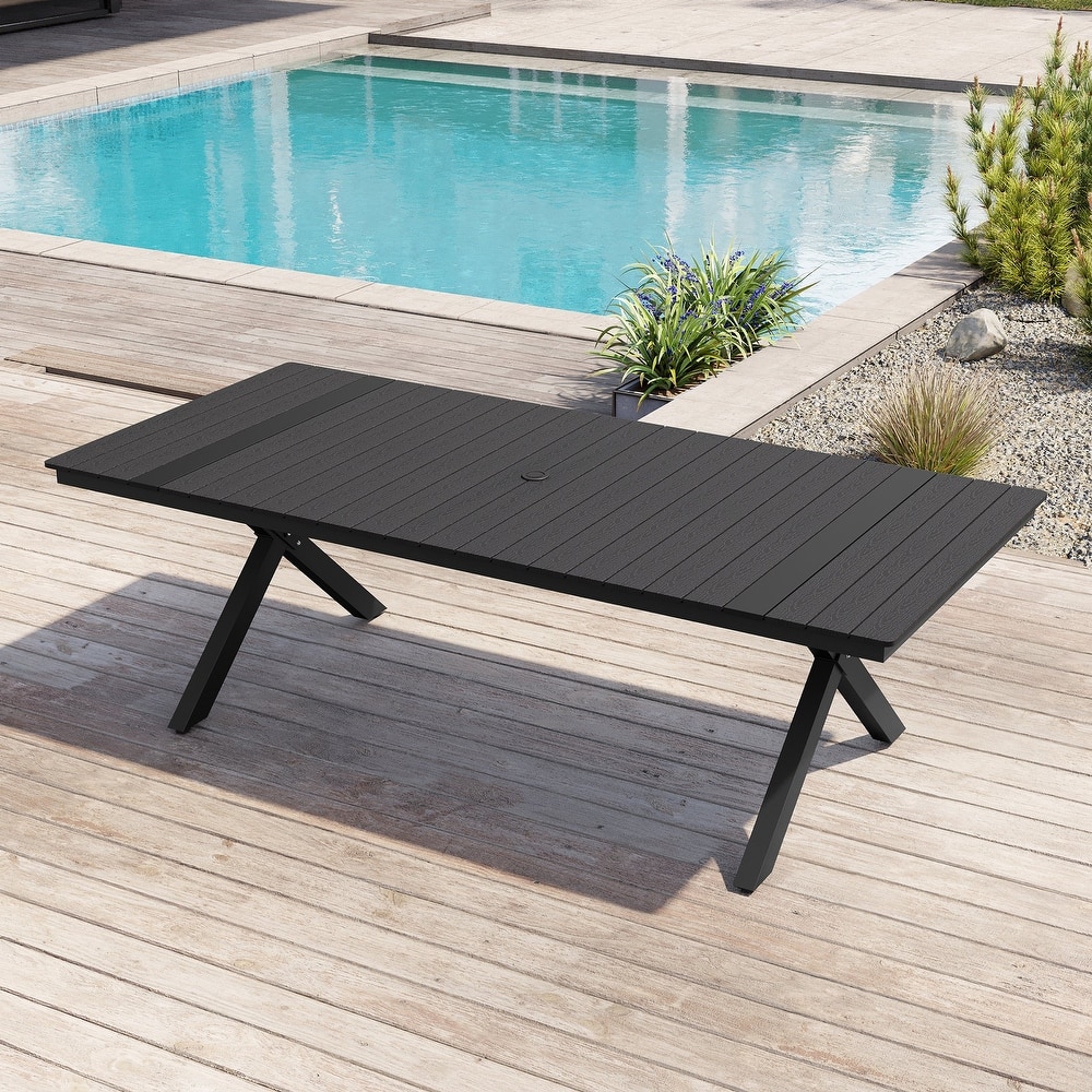 Outdoor Aluminum Dining Table Rectangular Table with Umbrella Hole for 10-12 Person