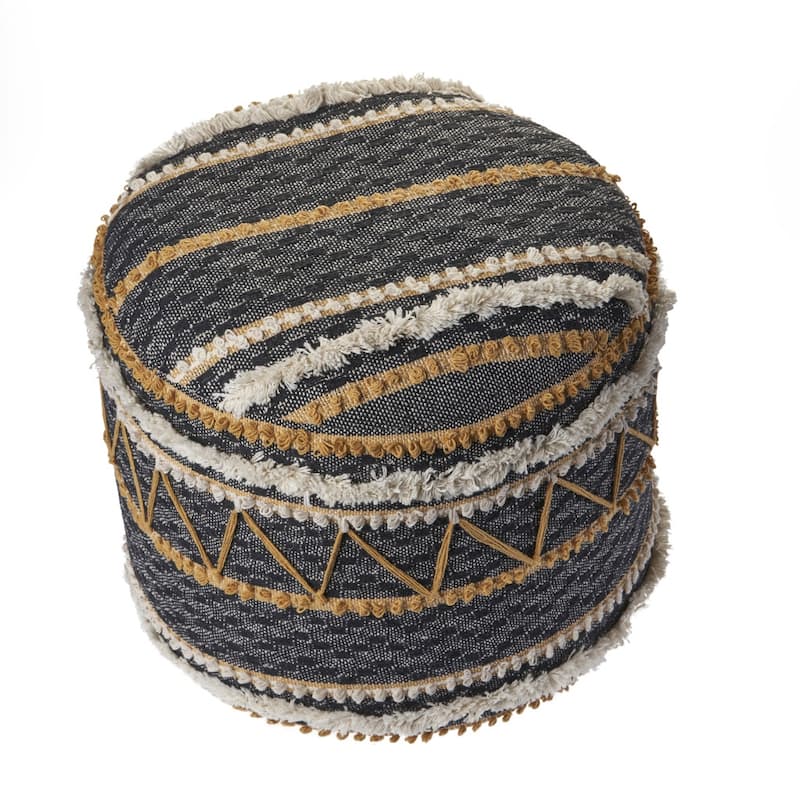 Contemporary Black Yellow Pouf Ottoman 14-Inch Seat Height Cotton Upholstered Lightweight Accent