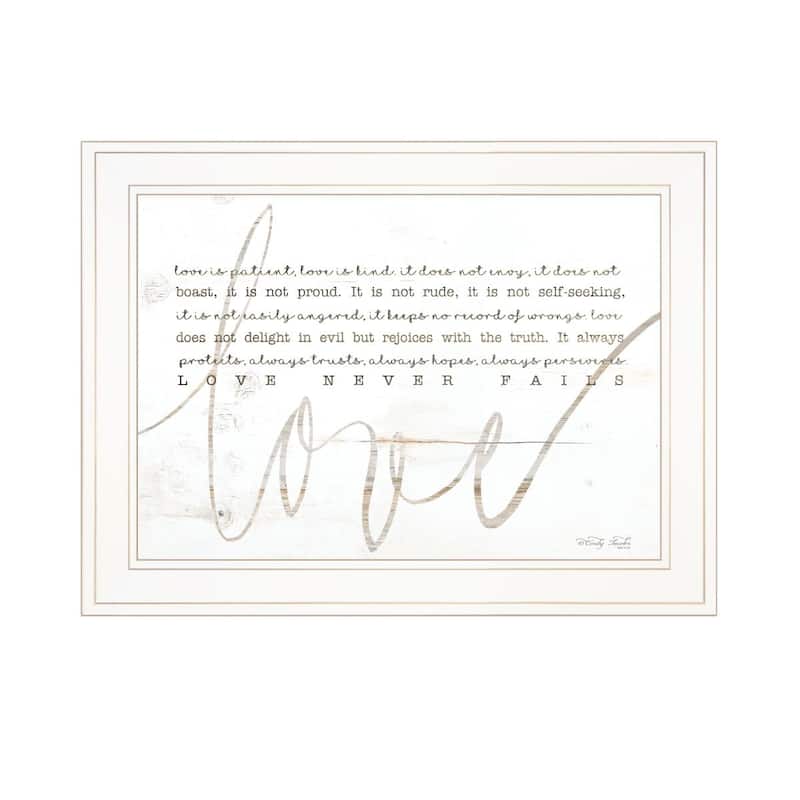 TrendyDecor4U Traditional "Love Never Fails" Framed Print Wall Art by Cindy Jacobs - White, Tan, Black - 15 x 19 - White