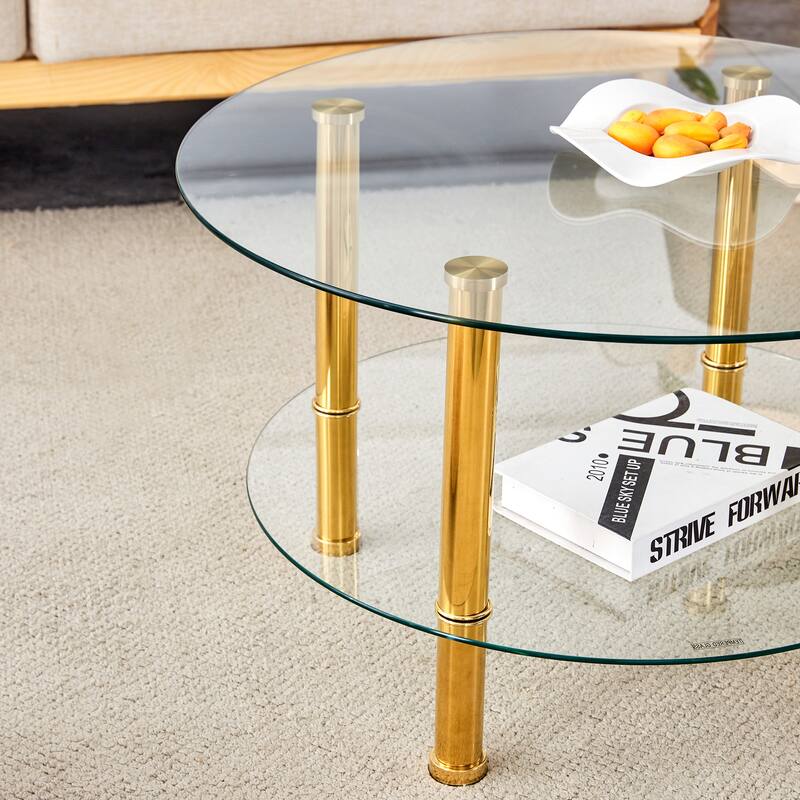 Contemporary Minimalist Double Layer Tempered Glass Coffee Table - 27.5" Top and 23.6" Bottom.Reinforced Glass Tabletop,