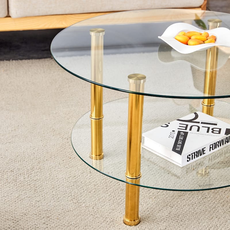 Roomfitters Double Layer Glass Coffee Table with Gold Legs, 27.5" Top and 23.6" Bottom, Modern Minimalist Design